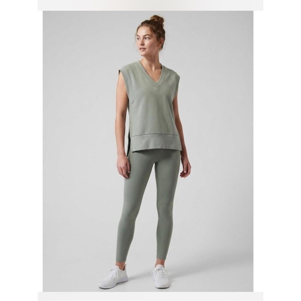 ATHLETA Retroterry Sleeveless V-Neck Sweatshirt Top in Fern Green Sz S